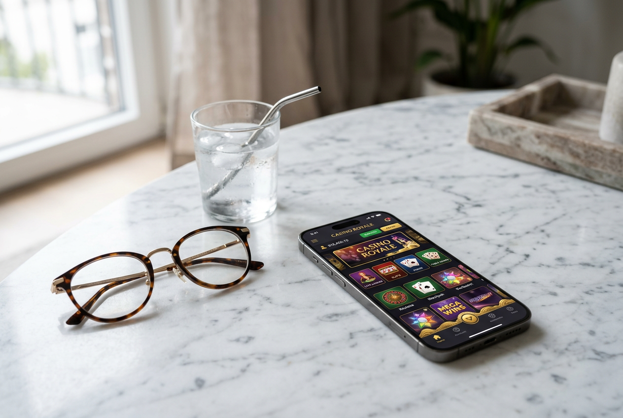 A modern smartphone showing a casino application interface on a desk.