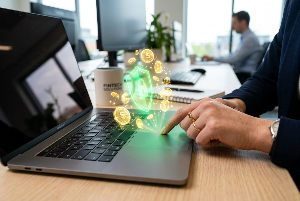 Digital security shield and coins overlaying a laptop.