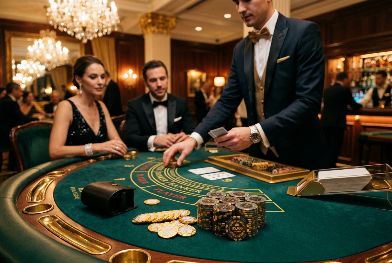 High-stakes casino table with chips and gold accents.