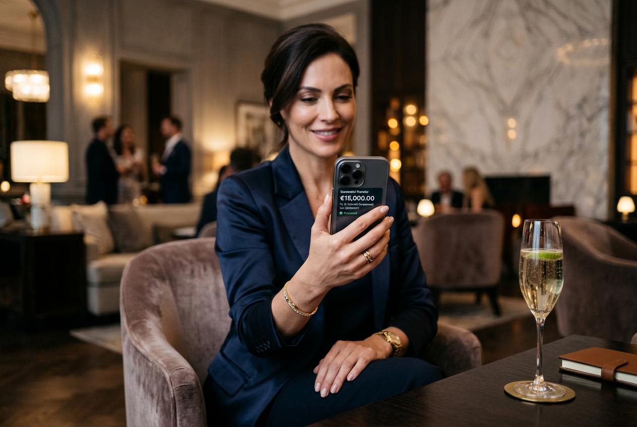 Successful large money transfer shown on a premium smartphone.